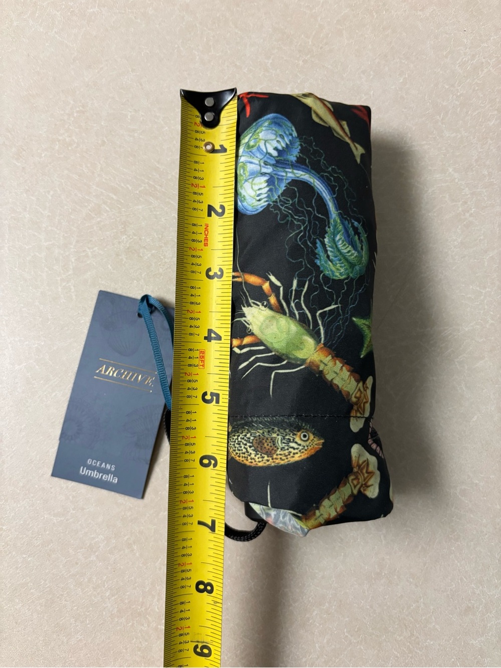 Compact Black Umbrella with Colorful Sea Creature Print. - Picture 8 of 9